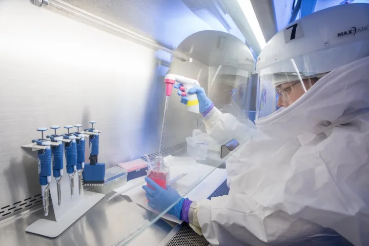 Institute for Biohealth Innovation Biomedical Research Laboratory (BRL) on the Science and Technology Campus supports infectious disease research and fosters collaborations with other national and global laboratories. The BRL operates as a central core facility to advance research and develop novel diagnostics, therapeutics, and vaccines against viral and bacterial infectious agents by a diverse population of internal and external investigators. The facility is capable of housing multiple species and has a variety of established animal models, with an emphasis on aerosolized exposures. The BRL is fully approved and licensed for work by the CDC and USDA and is accredited by the AAALAC. Photo by Evan Cantwell/George Mason University