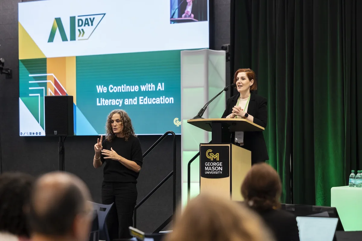 Vice President and Chief AI Officer Amarda Shehu welcomes the audience of researchers, educators, students, policymakers, and institutional leaders and shares the agenda for the day