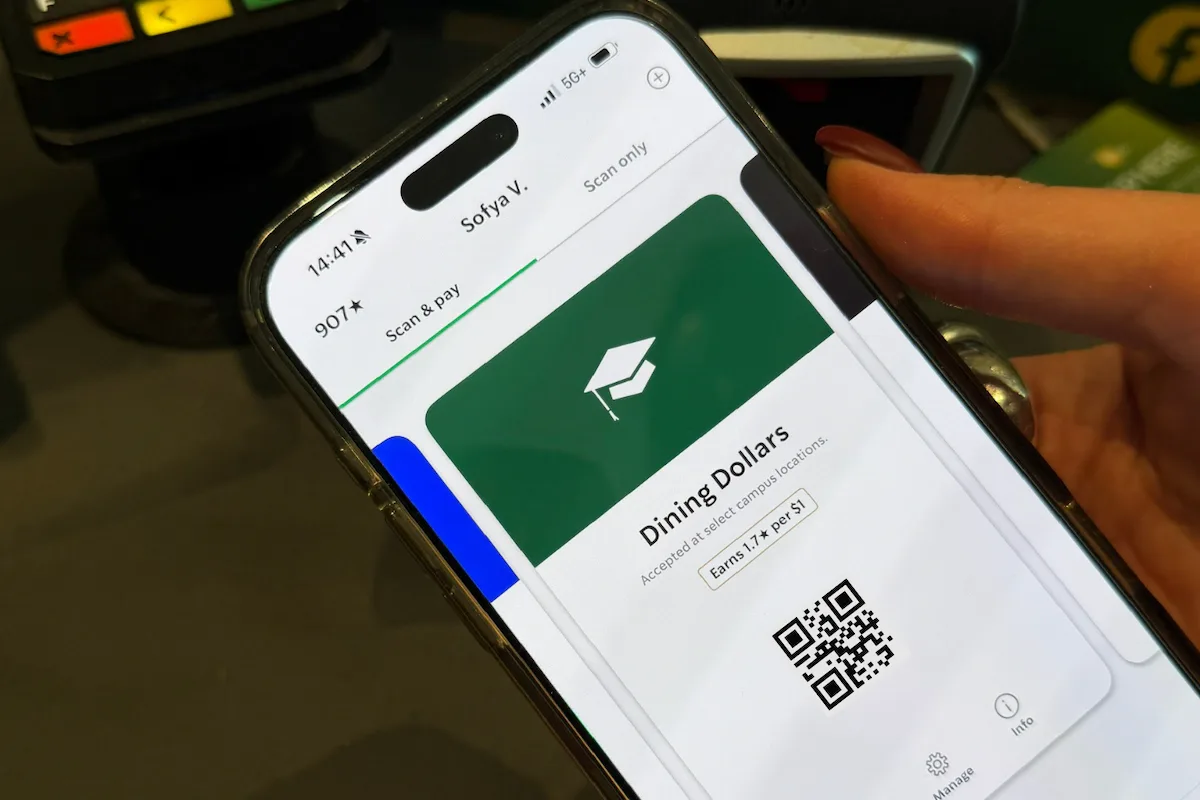 Now Starbucks app accept dining dollars for on-campus coffee locations.