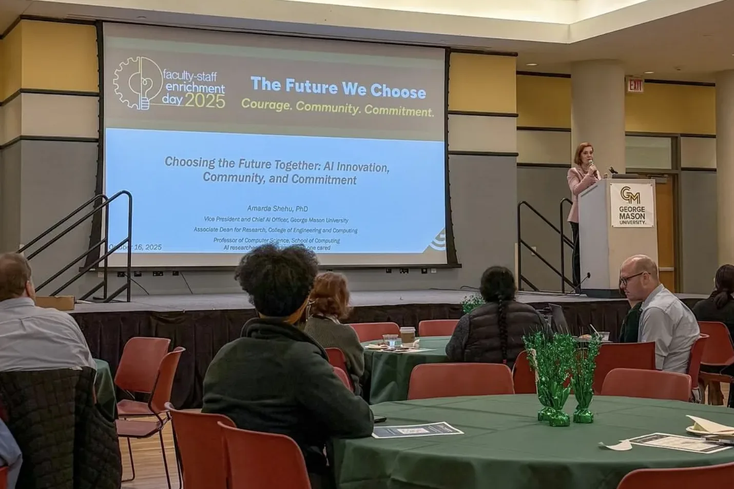 Dr. Amarda Shehu delivered keynote at the Faculty-Staff Enrichment Day 2025 emphasizing on AI innovation, community, and commitment.