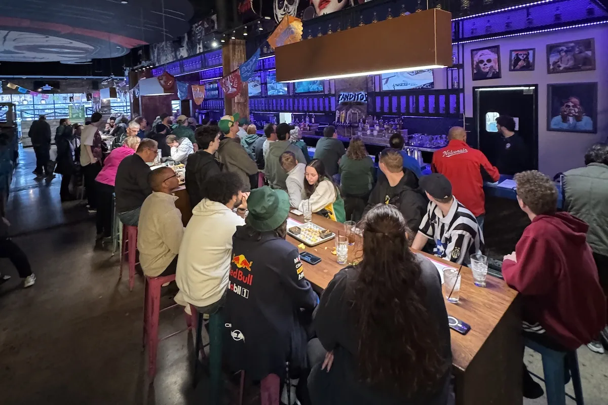 Fans gathered around cheering on the Patriots